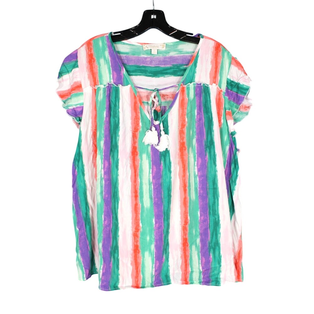 WEEKEND By SUZANNE BETRO Twill STRIPES Tie V-Neck FLUTTER SLEEVES Blouse/Top 3X